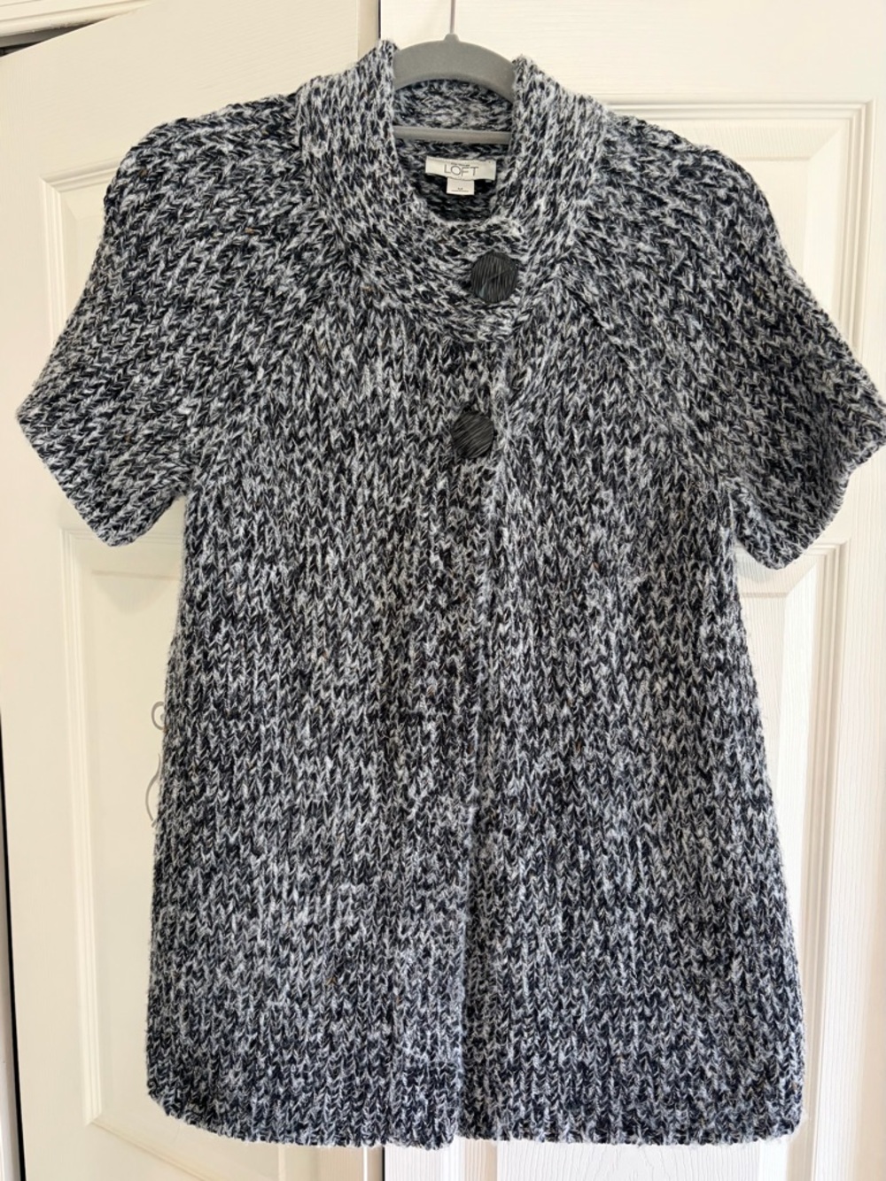 LOFT Black & White Marled Short-Sleeve Button Cardigan